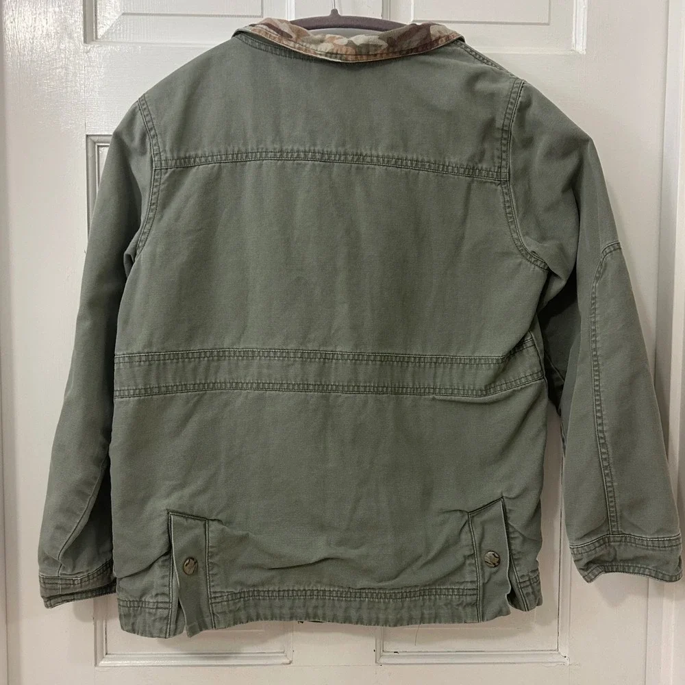 LL Bean VTG Lg 14-16 Kids Green Canvas Camo Lined Field Chore Jacket   Adult S - Picture 2 of 6